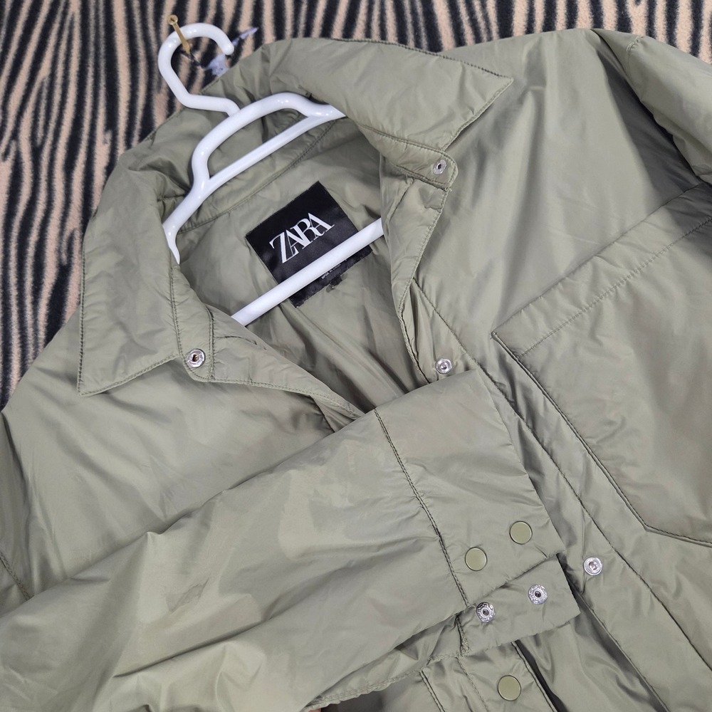 Zara Water Repellent Puffer Shacket Sage Green Olive Snap Front Jacket XS